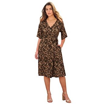 Roaman's Women's Plus Size Short Sleeve Wrap Fit And Flare Dress
