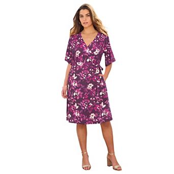 Roaman's Women's Plus Size Short Sleeve Wrap Fit And Flare Dress