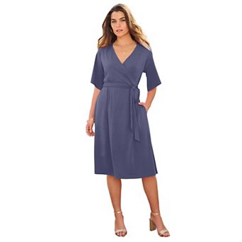 Roaman's Women's Plus Size Short Sleeve Wrap Fit And Flare Dress