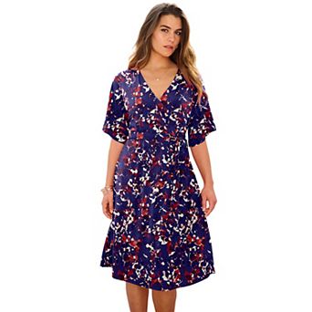 Roaman's Women's Plus Size Plus Size Short Sleeve Wrap Fit And Flare Dress