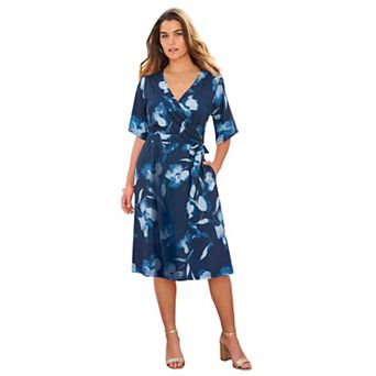 Roaman's Women's Plus Size Short Sleeve Wrap Fit And Flare Dress
