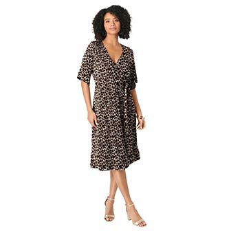 Roaman's Women's Plus Size Flutter Sleeve Faux Wrap Dress