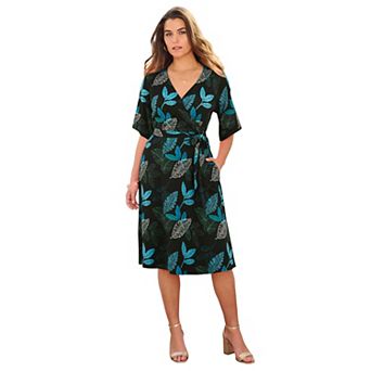 Roaman's Women's Plus Size Short Sleeve Wrap Fit And Flare Dress
