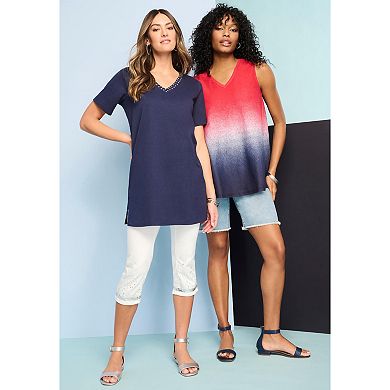 Roaman's Women's Plus Size Ultimate Rhinestone V Neck Tunic