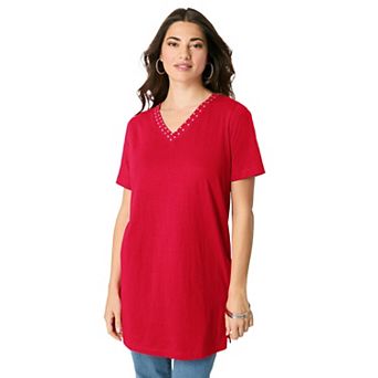 Roaman's Women's Plus Size Ultimate Rhinestone V Neck Tunic