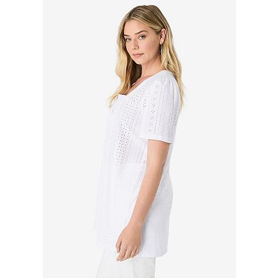 Roaman's Women's Plus Size Square Neck Eyelet Tunic
