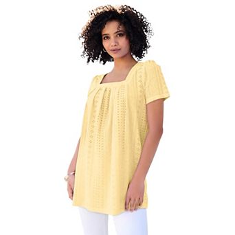 Roaman's Women's Plus Size Square Neck Eyelet Tunic