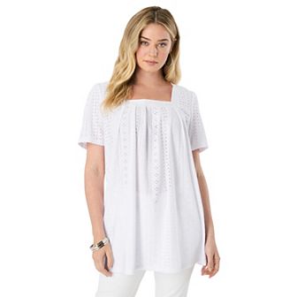 Roaman's Women's Plus Size Square Neck Eyelet Tunic