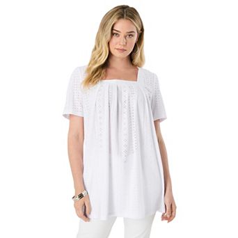 Roaman's Women's Plus Size Square Neck Eyelet Tunic
