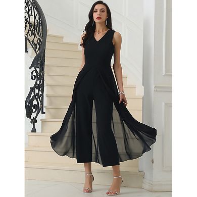 Women's Wide Leg Jumpsuits Chiffon V Neck Cocktail Sleeveless Jumpsuit
