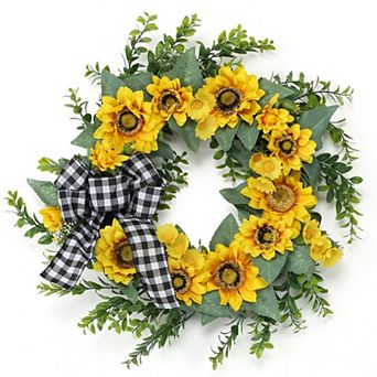 18 Inch Sunflower Wreath for Front Door with Green Leaves Handmade Bow