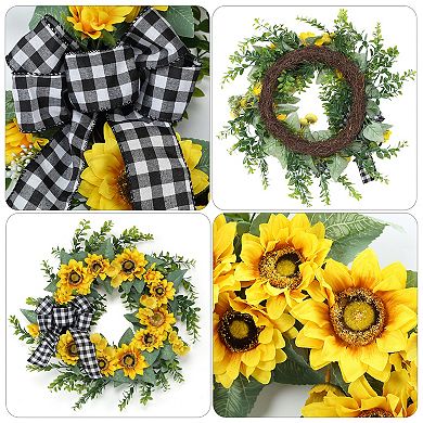 18 Inch Sunflower Wreath for Front Door with Green Leaves Handmade Bow