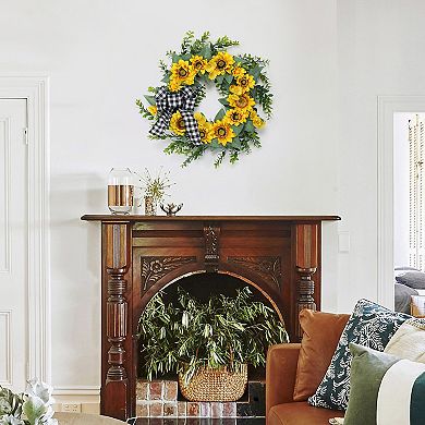 18 Inch Sunflower Wreath for Front Door with Green Leaves Handmade Bow