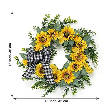 18 Inch Sunflower Wreath for Front Door with Green Leaves Handmade Bow