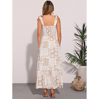 Summer Printed Dress for Women's Spaghetti Strap Square Neck A-Line Long Maxi Dresses