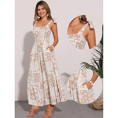 Summer Printed Dress for Women's Spaghetti Strap Square Neck A-Line Long Maxi Dresses