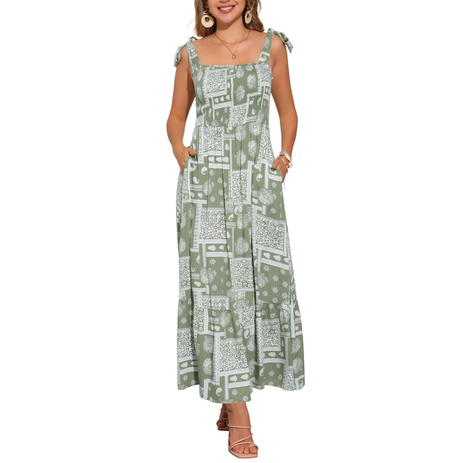 Женские платья Summer Printed Dress for Spaghetti Strap Square Neck A-Line Long Maxi Dresses