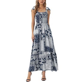 Summer Printed Dress for Women's Spaghetti Strap Square Neck A-Line Long Maxi Dresses