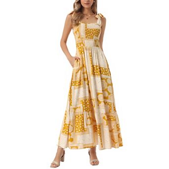 Summer Printed Dress for Women's Spaghetti Strap Square Neck A-Line Long Maxi Dresses