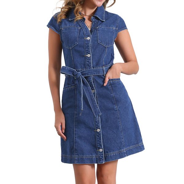 Summer Wear Denim Sleeveless V Neck Button Up Mini Dress