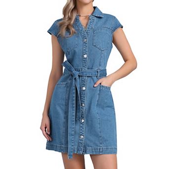 Women's Summer Denim Dress Casual Cap Sleeve Belted Button Down V Neck Jean Shirt Dresses