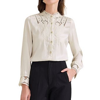 Women's Vintage Button Down Shirt Lace Patchwork Long Sleeve Stand Collar Casual Work Top