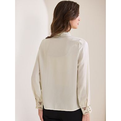 Women's Vintage Button Down Shirt Lace Patchwork Long Sleeve Stand Collar Casual Work Top