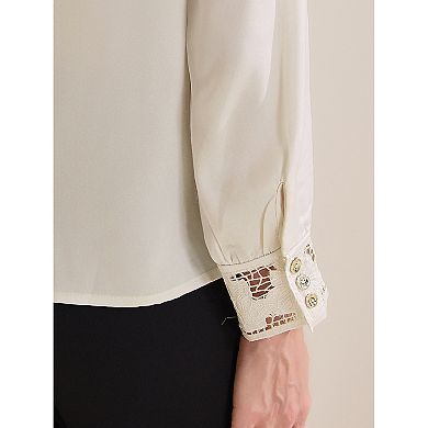 Women's Vintage Button Down Shirt Lace Patchwork Long Sleeve Stand Collar Casual Work Top