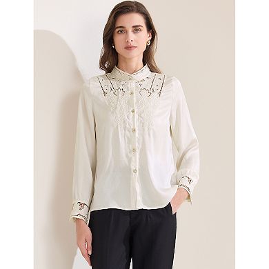 Women's Vintage Button Down Shirt Lace Patchwork Long Sleeve Stand Collar Casual Work Top