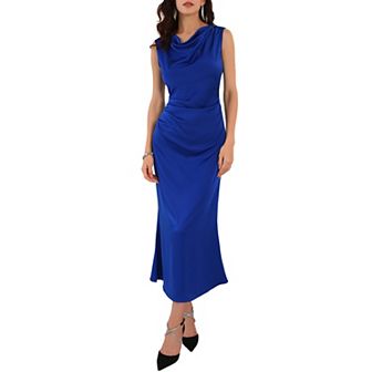 Women's Satin Dress Cocktail Cowl Neck Ruched Sleeveless Maxi Evening Dress