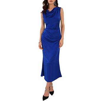 Women's Satin Dress Cocktail Cowl Neck Ruched Sleeveless Maxi Evening Dress