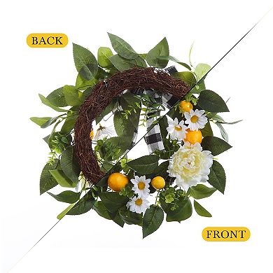 20 Inch Lemon Wreath for Front Door, Spring Summer Wreath with Artificial Lemon Peony Flower and Bow