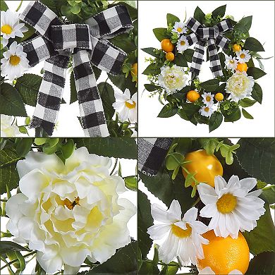 20 Inch Lemon Wreath for Front Door, Spring Summer Wreath with Artificial Lemon Peony Flower and Bow