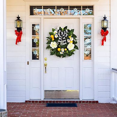 20 Inch Lemon Wreath for Front Door, Spring Summer Wreath with Artificial Lemon Peony Flower and Bow
