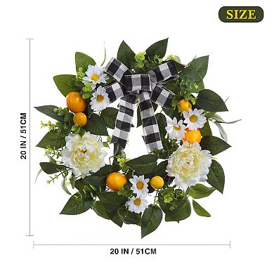 20 Inch Lemon Wreath for Front Door, Spring Summer Wreath with Artificial Lemon Peony Flower and Bow