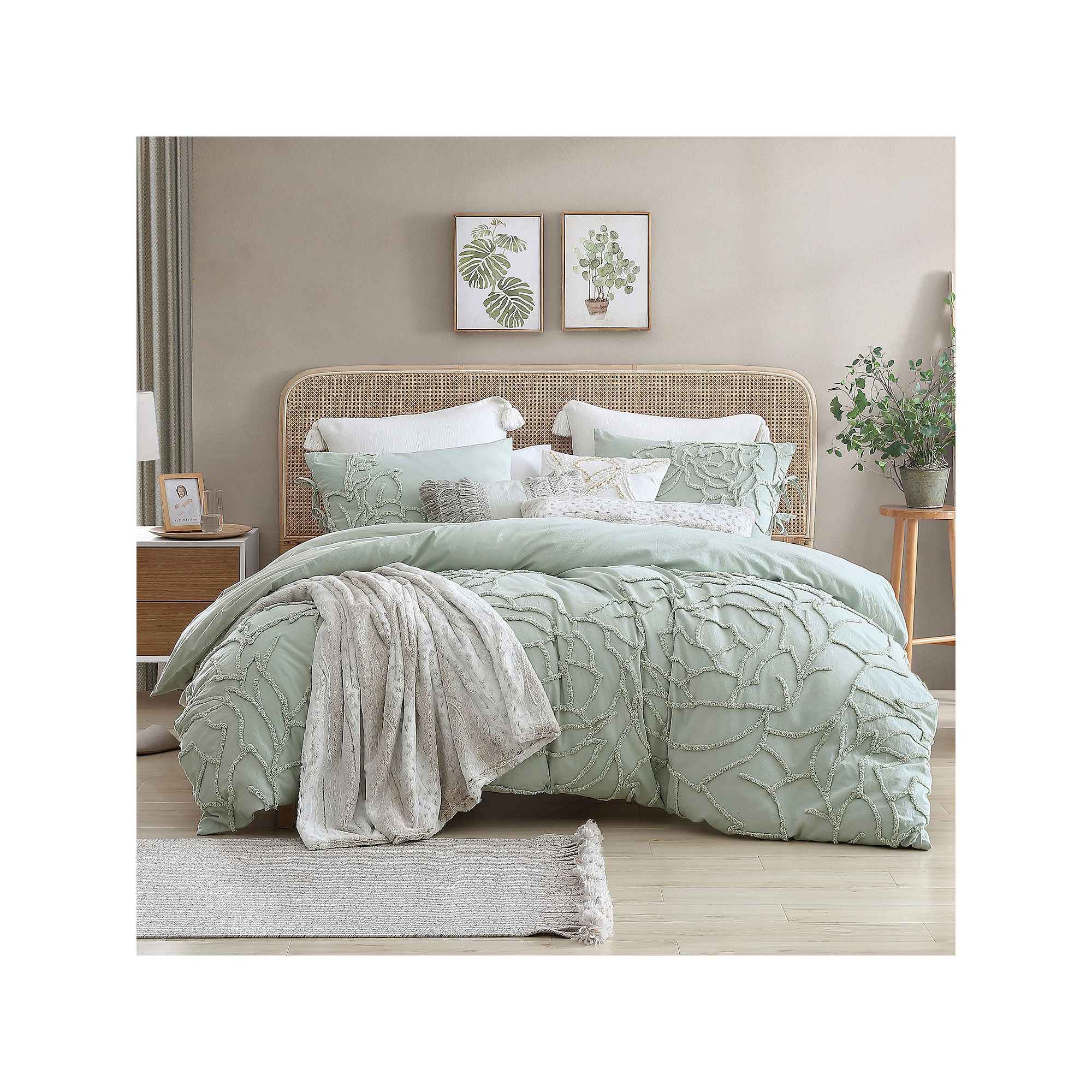 Peri Chenille Rose Duvet Cover Set with Shams, Green
