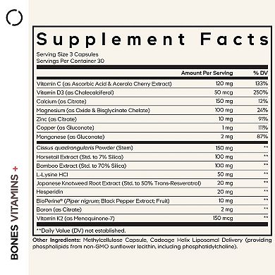 Codeage Bones Vitamins+, Vitamin C, D3 & K2, Calcium, Magnesium, L-Lysine, Boron, Resveratrol, 90 ct