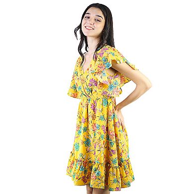 Women's Floral V-Neck Ruffle Sleeve Front Overlap Back Tie Flowy Mini Dress
