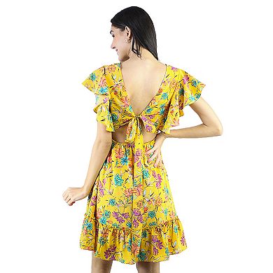 Women's Floral V-Neck Ruffle Sleeve Front Overlap Back Tie Flowy Mini Dress