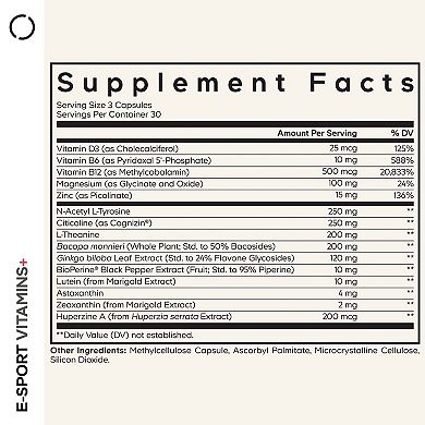 Codeage E-Sport Vitamins+ Citicoline Cognizin, Bacopa Monnieri, L-Theanine, Ginkgo, Lutein, 90 ct