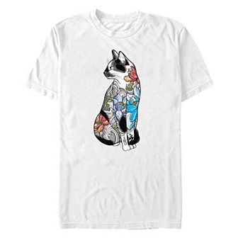 Men's Cat In Lotus Flowers Tattoos Graphic Tee