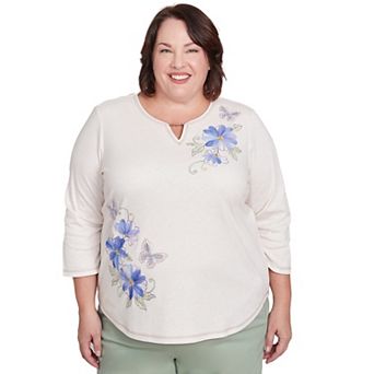 Plus Size Alfred Dunner Asymmetrical Butterfly Floral Embroidered Top