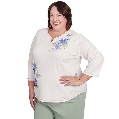 Plus Size Alfred Dunner Asymmetrical Butterfly Floral Embroidered Top