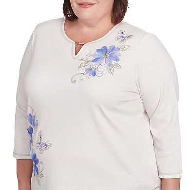 Plus Size Alfred Dunner Asymmetrical Butterfly Floral Embroidered Top
