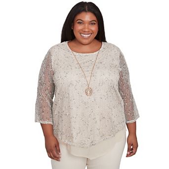 Plus Size Alfred Dunner Popcorn Mesh Speckled Top with Necklace