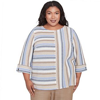 Plus Size Alfred Dunner Spliced Stripe Button Shoulder Top