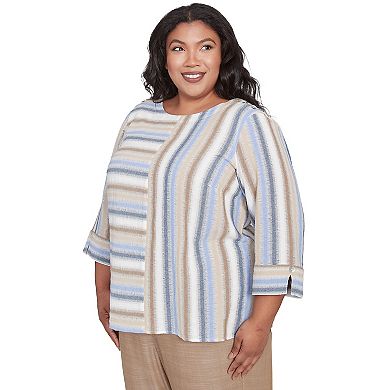 Plus Size Alfred Dunner Spliced Stripe Button Shoulder Top