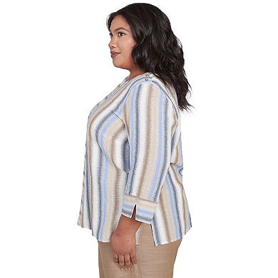 Plus Size Alfred Dunner Spliced Stripe Button Shoulder Top