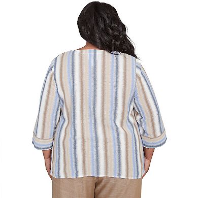 Plus Size Alfred Dunner Spliced Stripe Button Shoulder Top