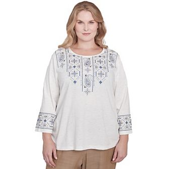 Plus Size Alfred Dunner Linear Embroidered Tie Sleeve Top